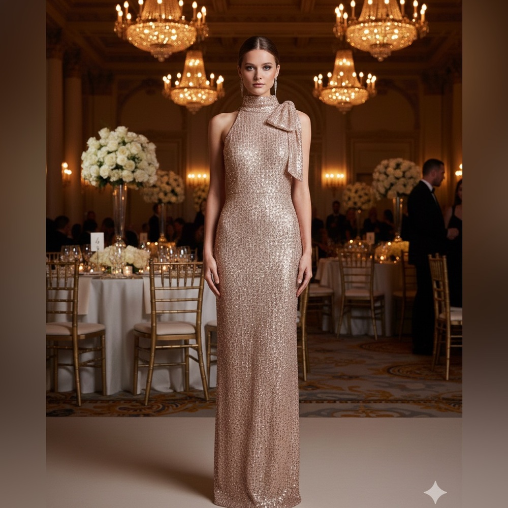 IEENA for Mac Duggal Elegant Rose Gold Sequin Evening Gown - New with out tag